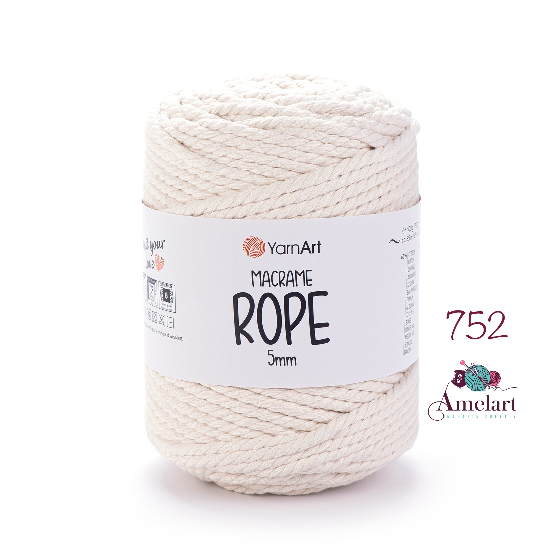 fir de crosetat macrame rope 5mm, bumbac 60% poliesterl 40%, 500g/85m